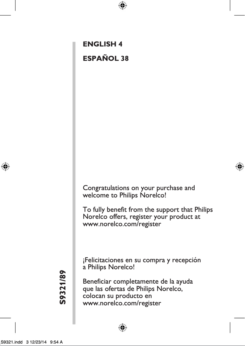Image de la première page du manuel de l'appareil Norelco S9321