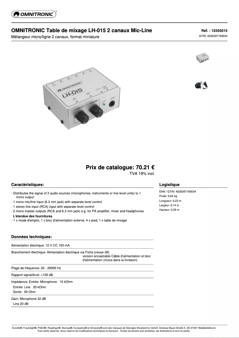 Page n°1 - Fiche technique Omnitronic LH-015