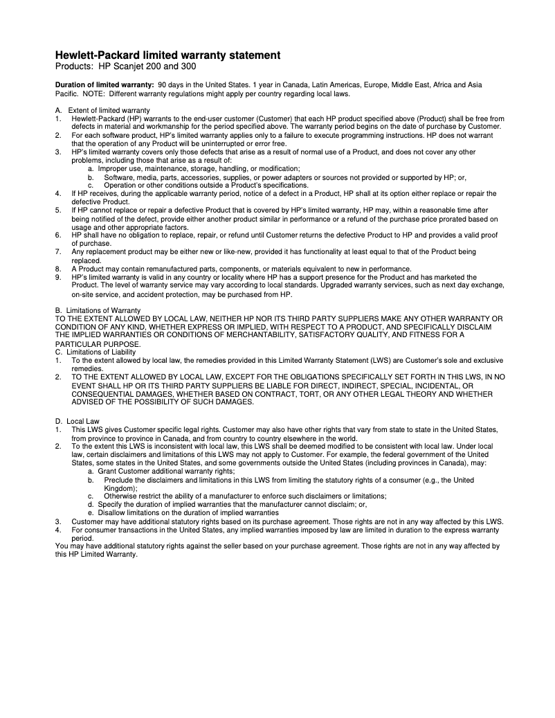 Page n°1 - Informations de garantie HP Scanjet 200