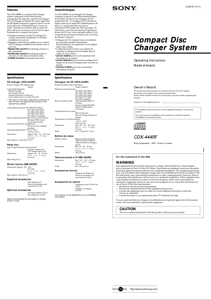 Page 1 de la notice Manuel utilisateur Sony CDX-444RF