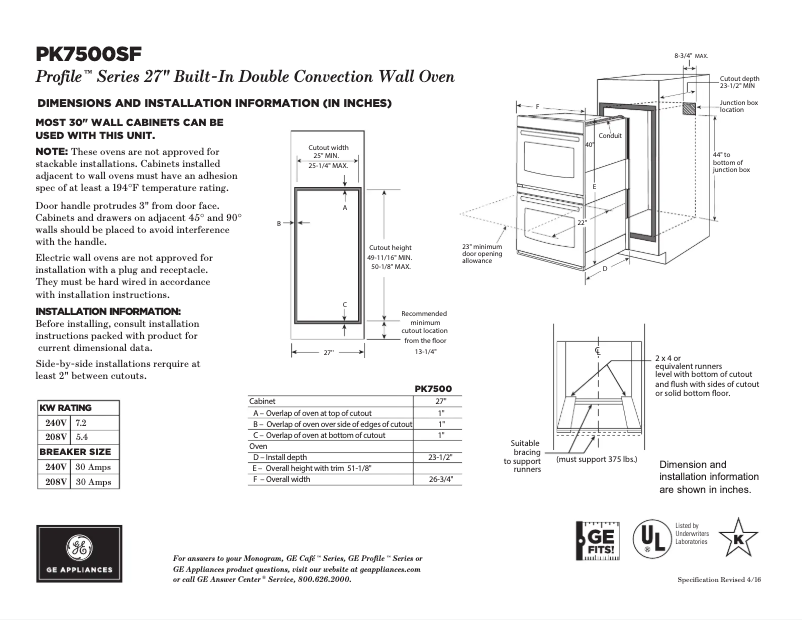 Page 1 de la notice Fiche technique GE PK7500SFSS