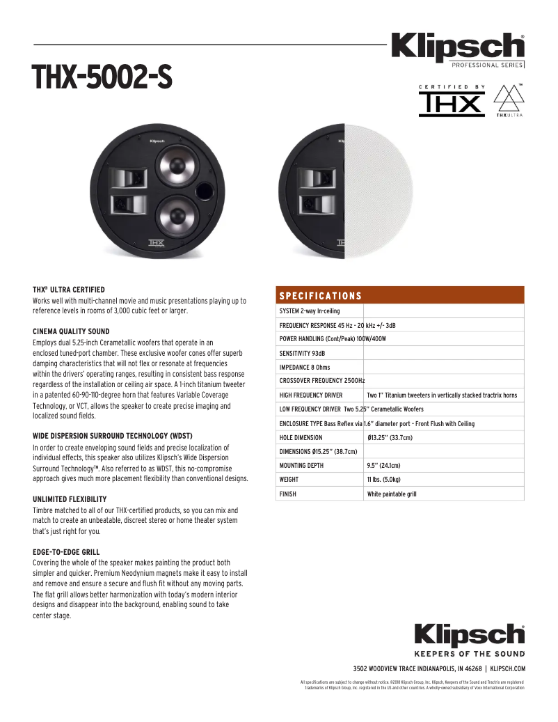 Page 1 de la notice Fiche technique Klipsch THX-5002-S