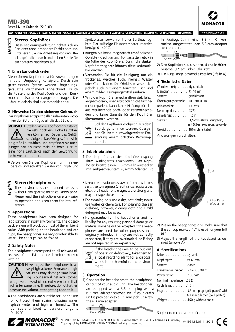 Page 1 de la notice Manuel utilisateur Monacor MD-390
