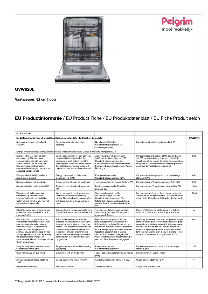 Page 1 de la notice Fiche technique Pelgrim GVW820L