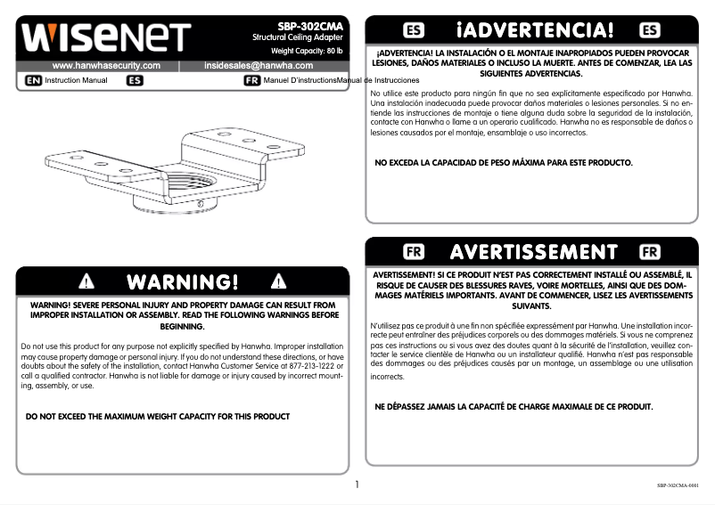 Page 1 de la notice Manuel utilisateur Hanwha SBP-302CMA