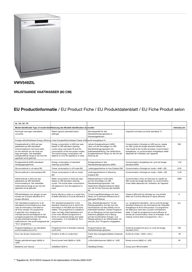 Page n°1 - Fiche technique Etna VWV549ZIL