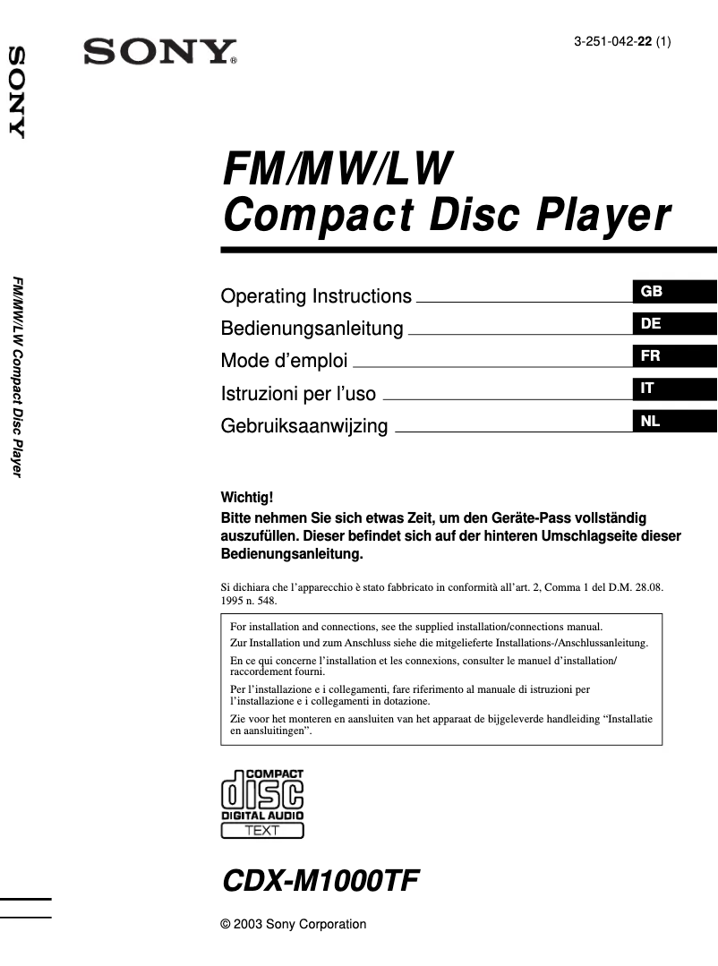 Page 1 de la notice Manuel utilisateur Sony CDX-M1000TF