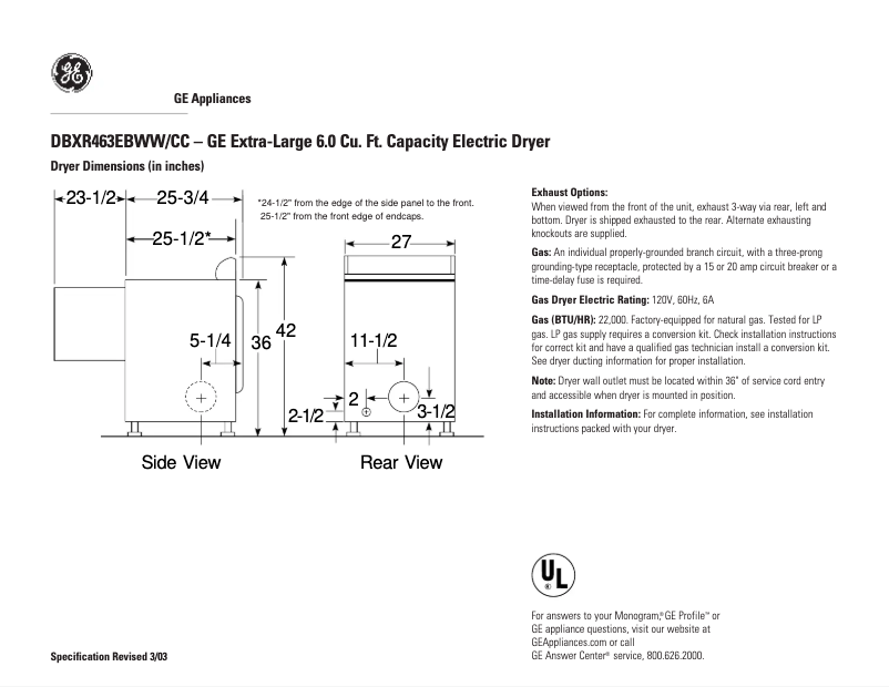 Page n°1 - Fiche technique GE DBXR463GBCC