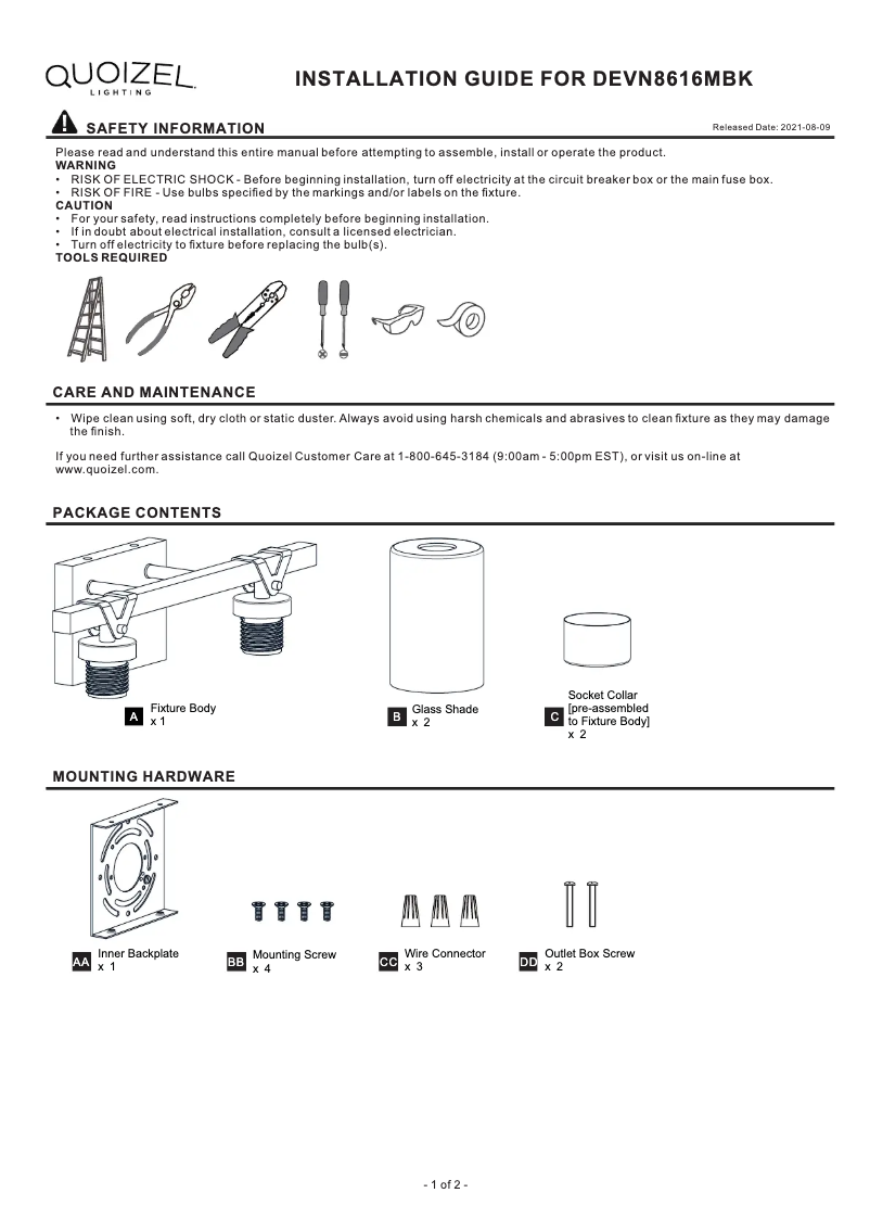 Page 1 de la notice Manuel utilisateur Quoizel Devon Court DEVN8616MBK