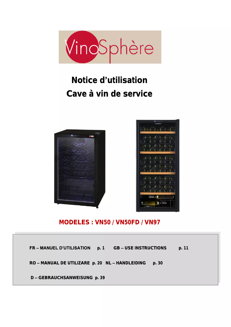 Page n°1 - Manuel utilisateur Vinosphère VN50FD