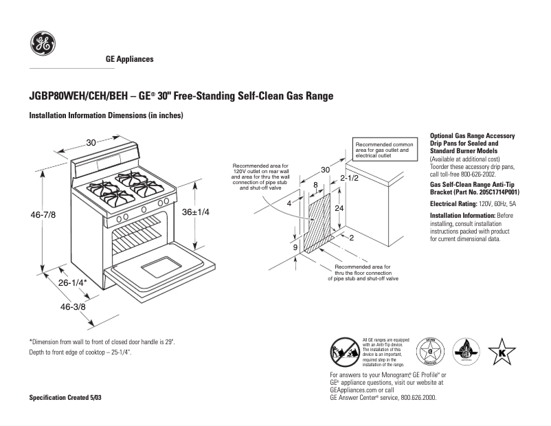 Page n°1 - Fiche technique GE JGBP80WEHWW