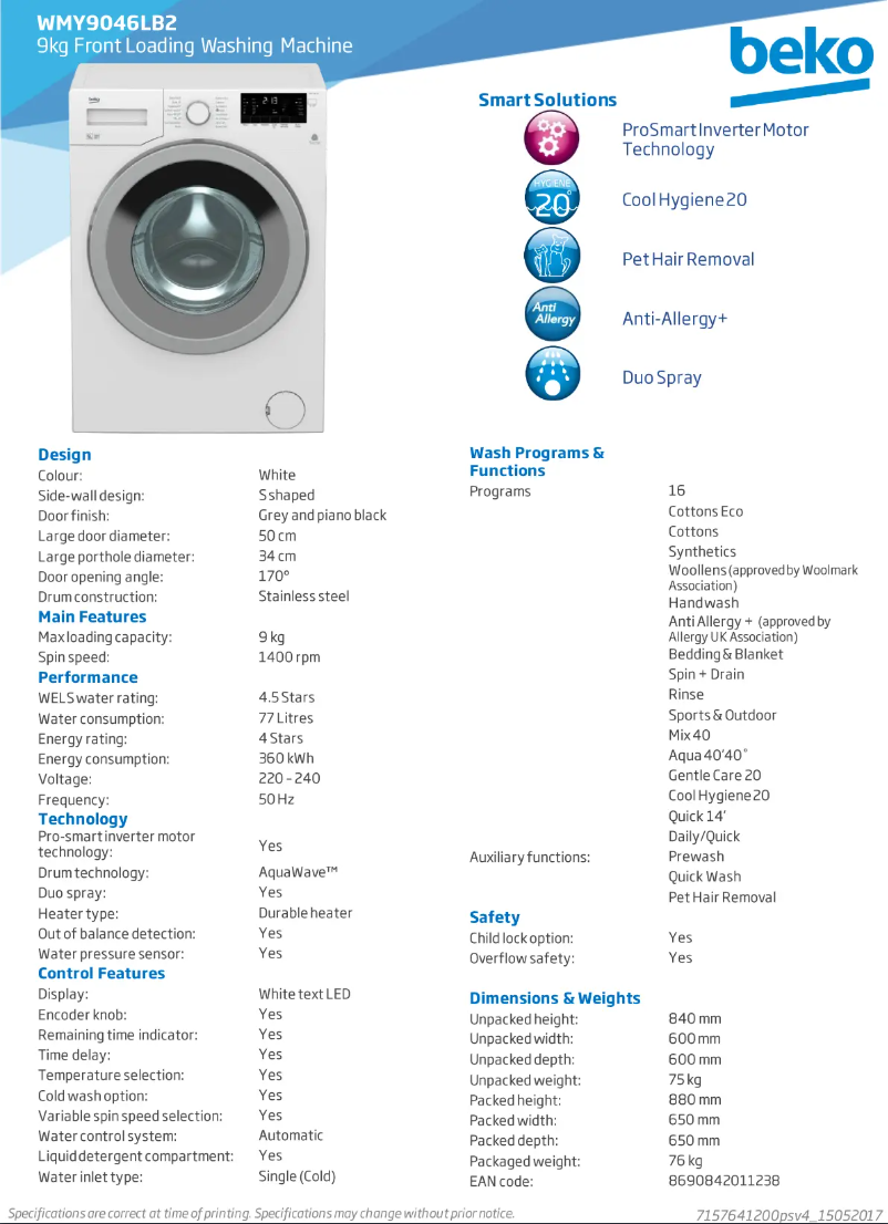 Page 1 de la notice Fiche technique Beko WMY9046LB2
