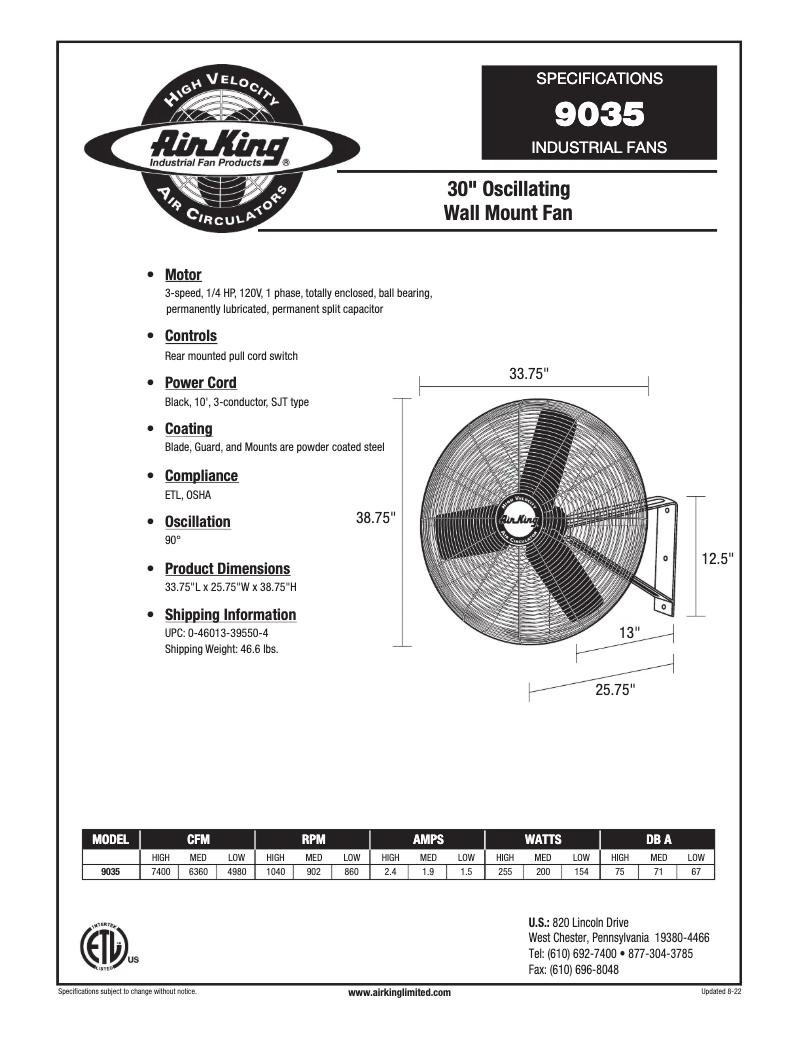 Page 1 de la notice Fiche technique Air King 9035
