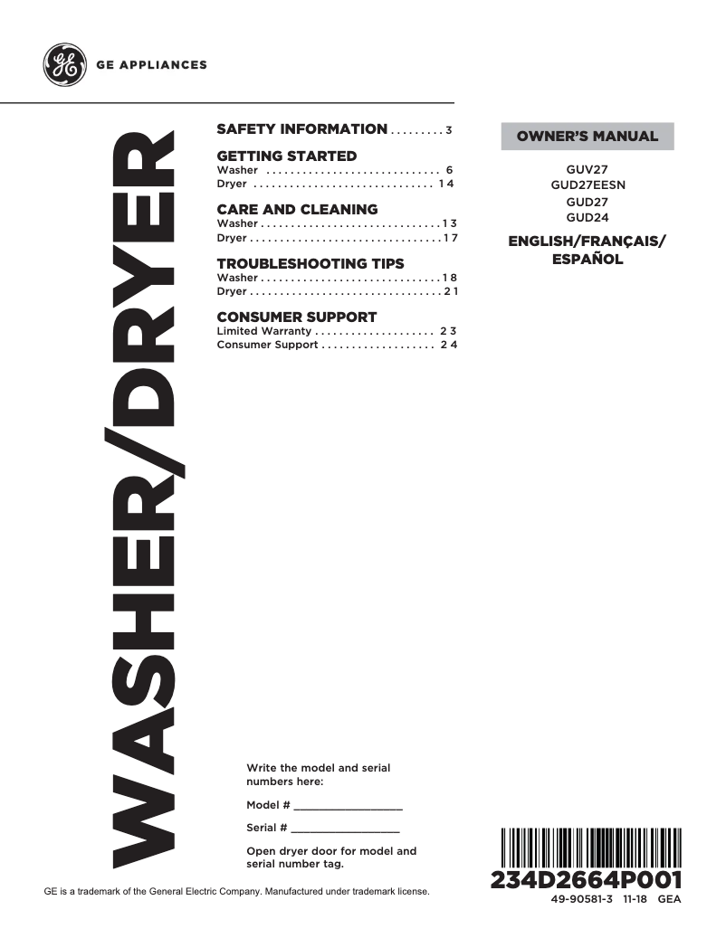 Page 1 de la notice Manuel d'utilisation et d'entretien GE Spacemaker GUD24GSSJWW