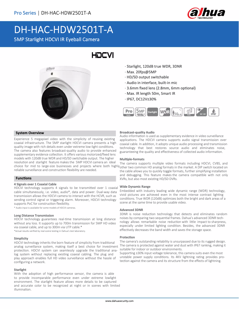 Page n°1 - Fiche technique Dahua Technology HAC-HDW2501T-A