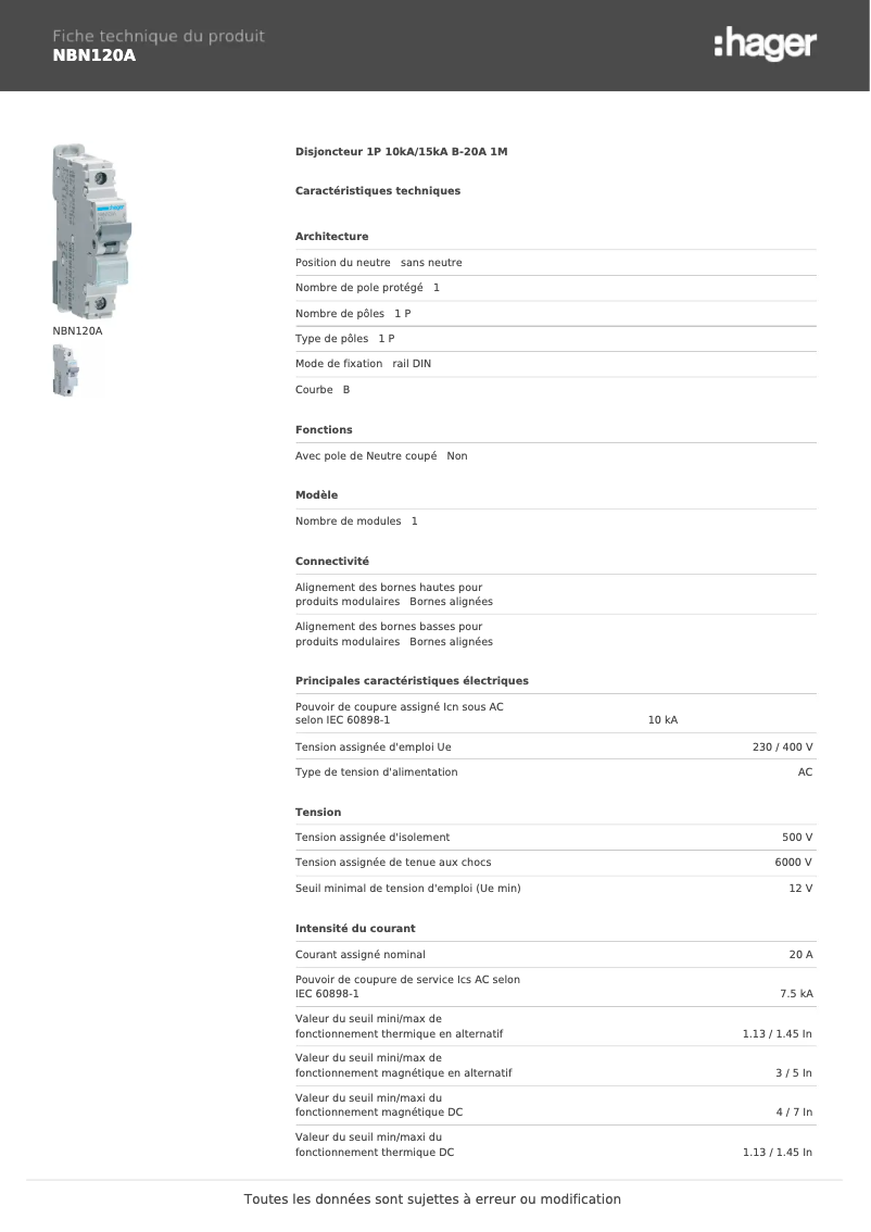 Page n°1 - Manuel utilisateur Hager NBN120A