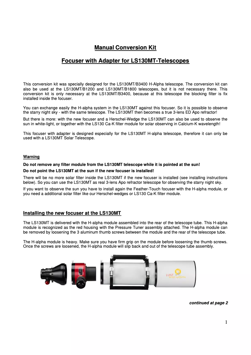 Page n°1 - Manuel utilisateur Lunt Solar Systems LS130T
