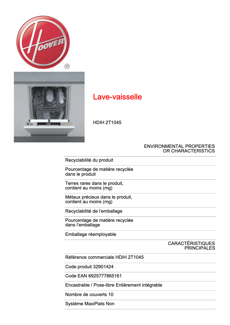 Página 1 del manual Ficha técnica Hoover Dynamic HDI 2T1045