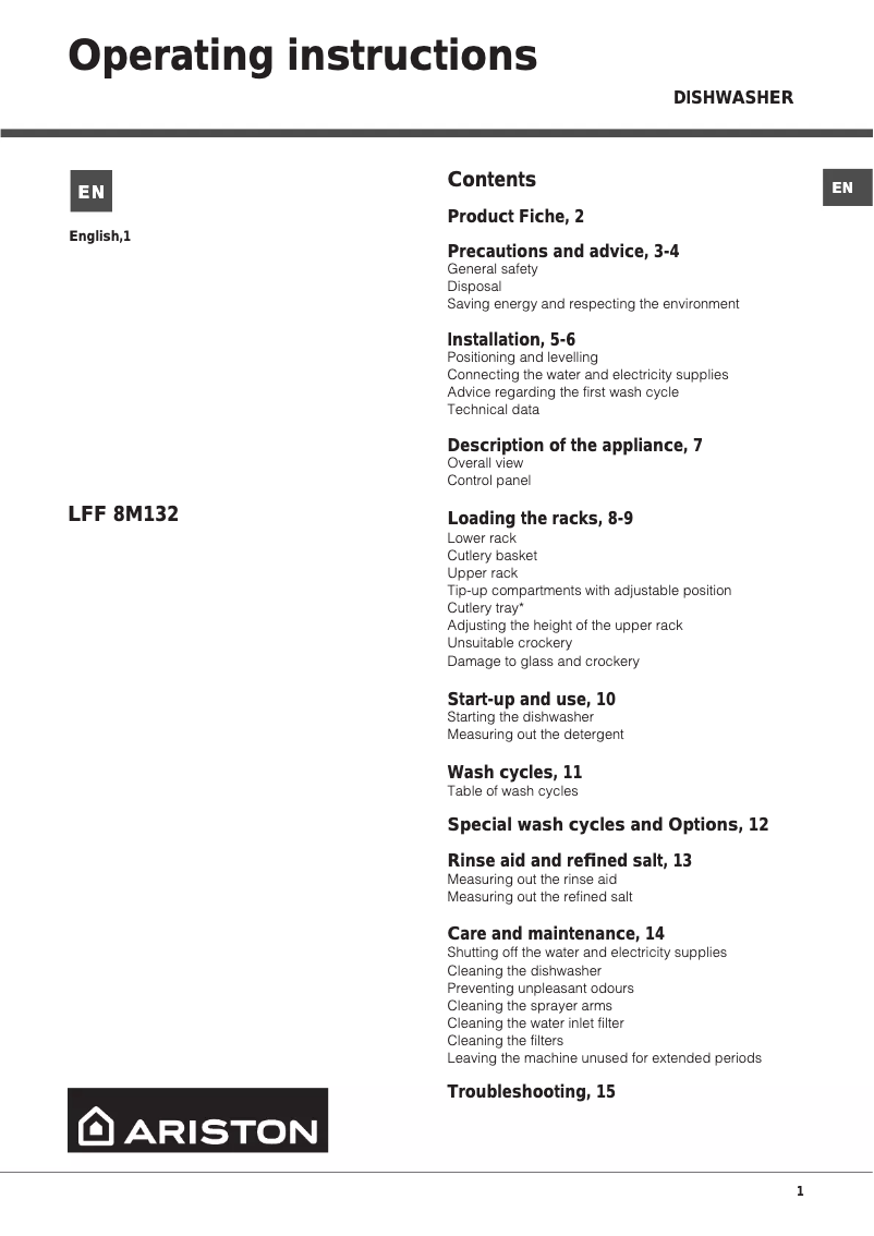 Page 1 de la notice Manuel utilisateur Ariston Thermo LFF 8M132 C AUS