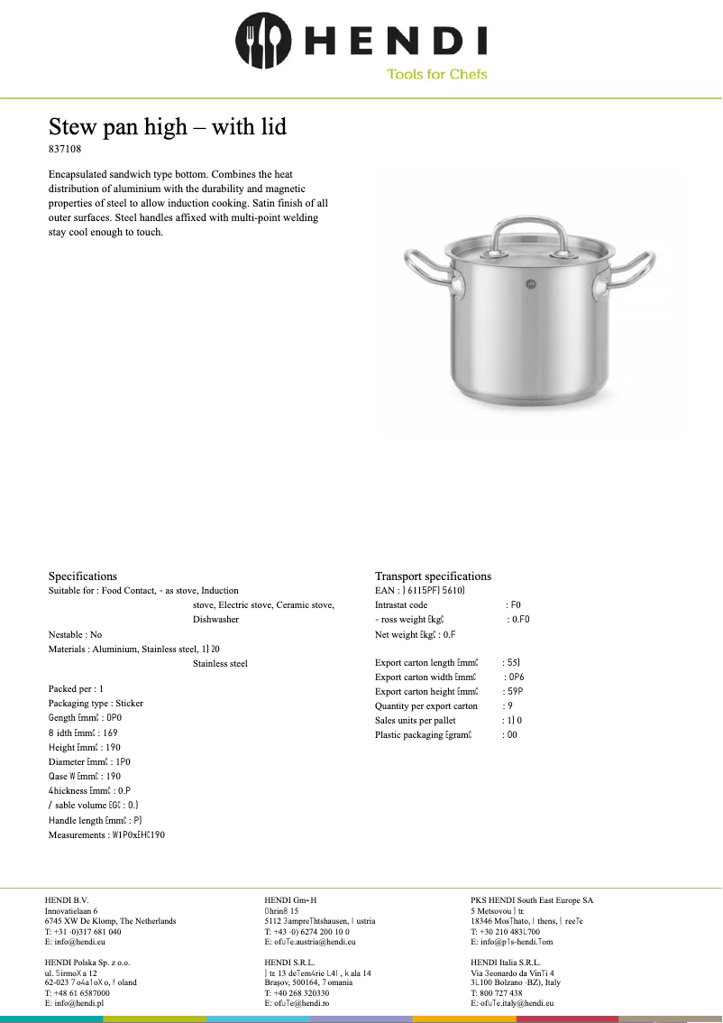 Page n°1 - Fiche technique Hendi 837405