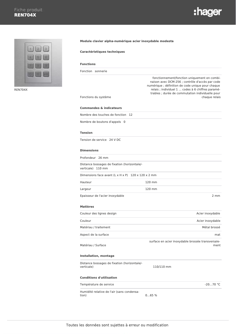 Page 1 de la notice Fiche technique Hager REN704X