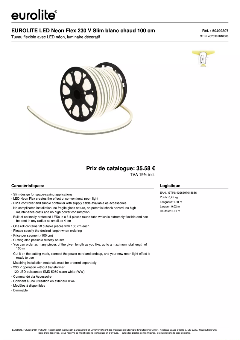 Page 1 de la notice Fiche technique Eurolite LED Neon Flex 230V Slim