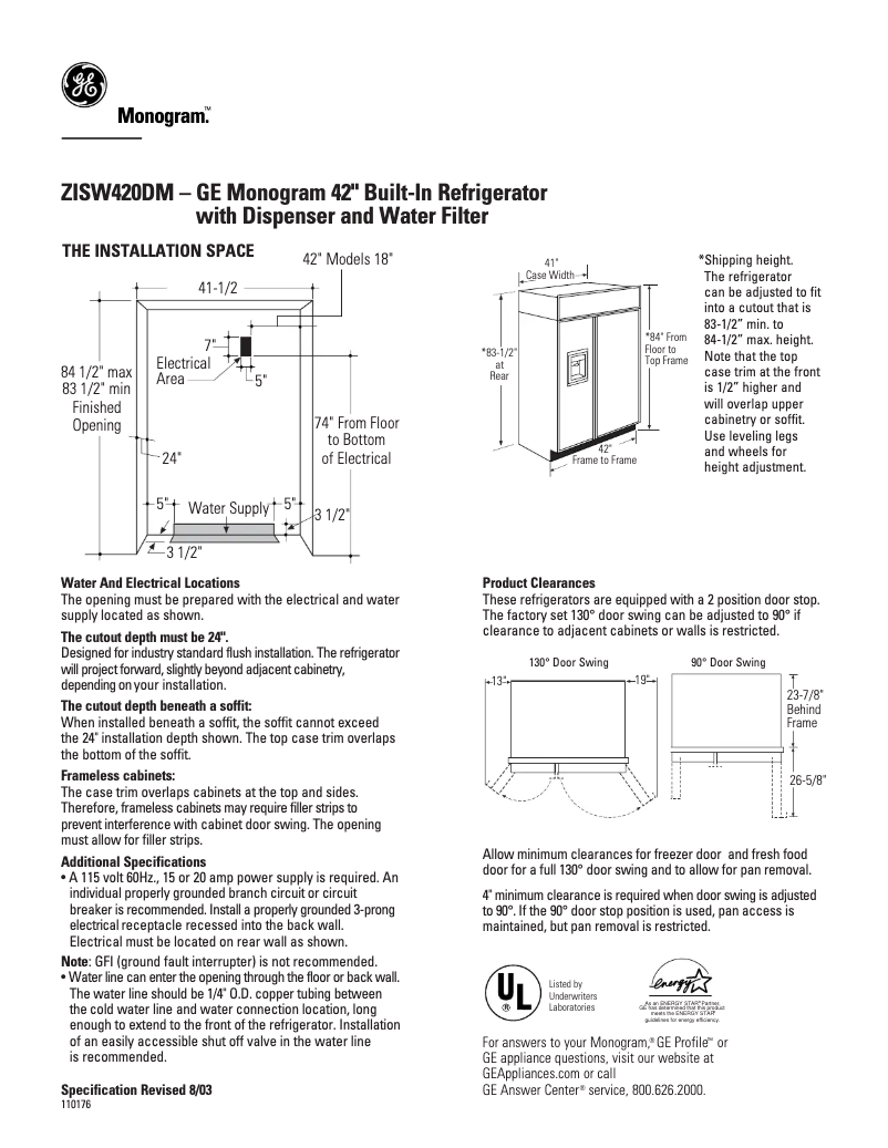 Página 1 del manual Ficha técnica GE ZISW420DM