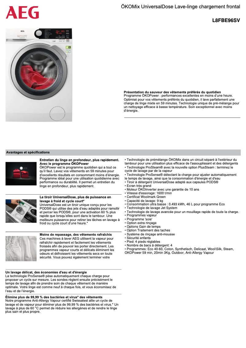 Página 1 del manual Ficha técnica AEG L8FBE96SV