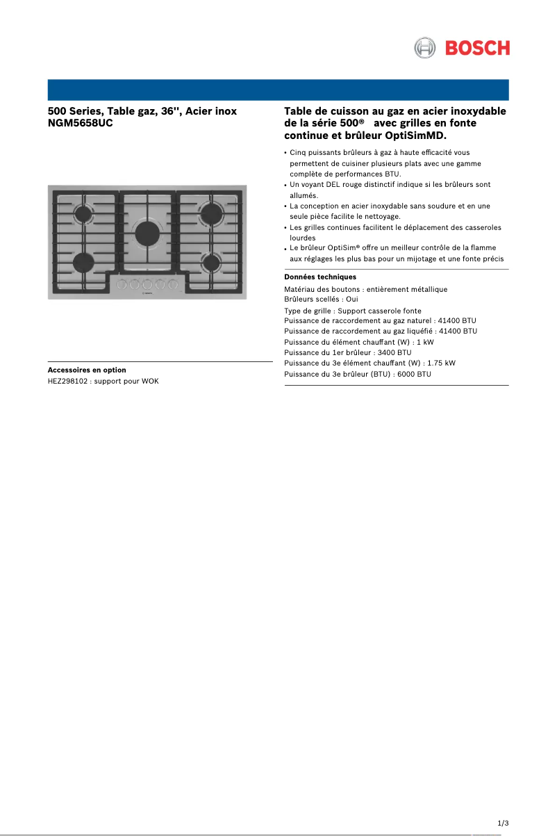 Page 1 de la notice Fiche technique Bosch NGM5658UC