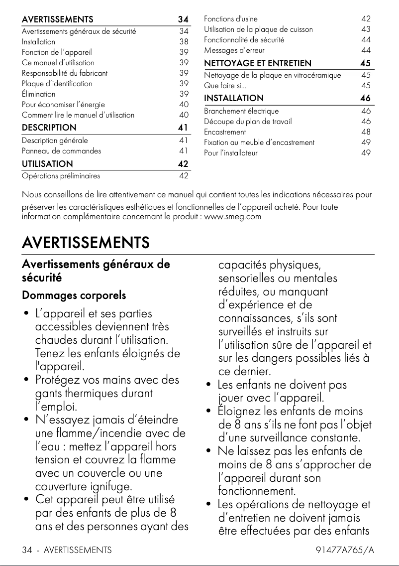 Page 1 de la notice Manuel utilisateur Smeg SI2321D