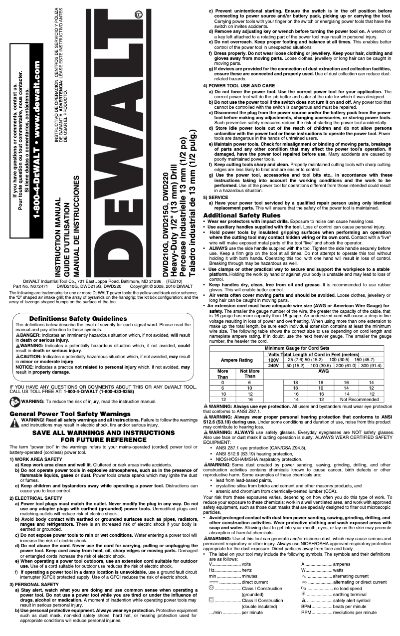 Page n°1 - Manuel utilisateur DeWalt DWD210G