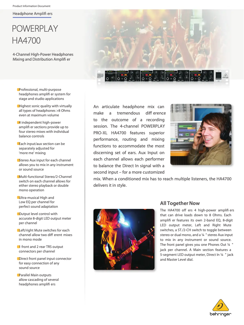 Page 1 de la notice Fiche technique Behringer Powerplay Pro-XL HA4700