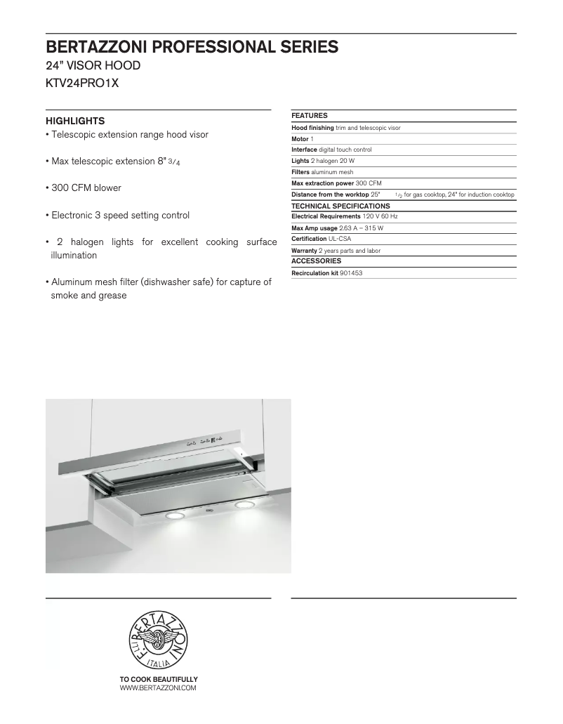 Page 1 de la notice Manuel utilisateur Bertazzoni KTV24PRO1X