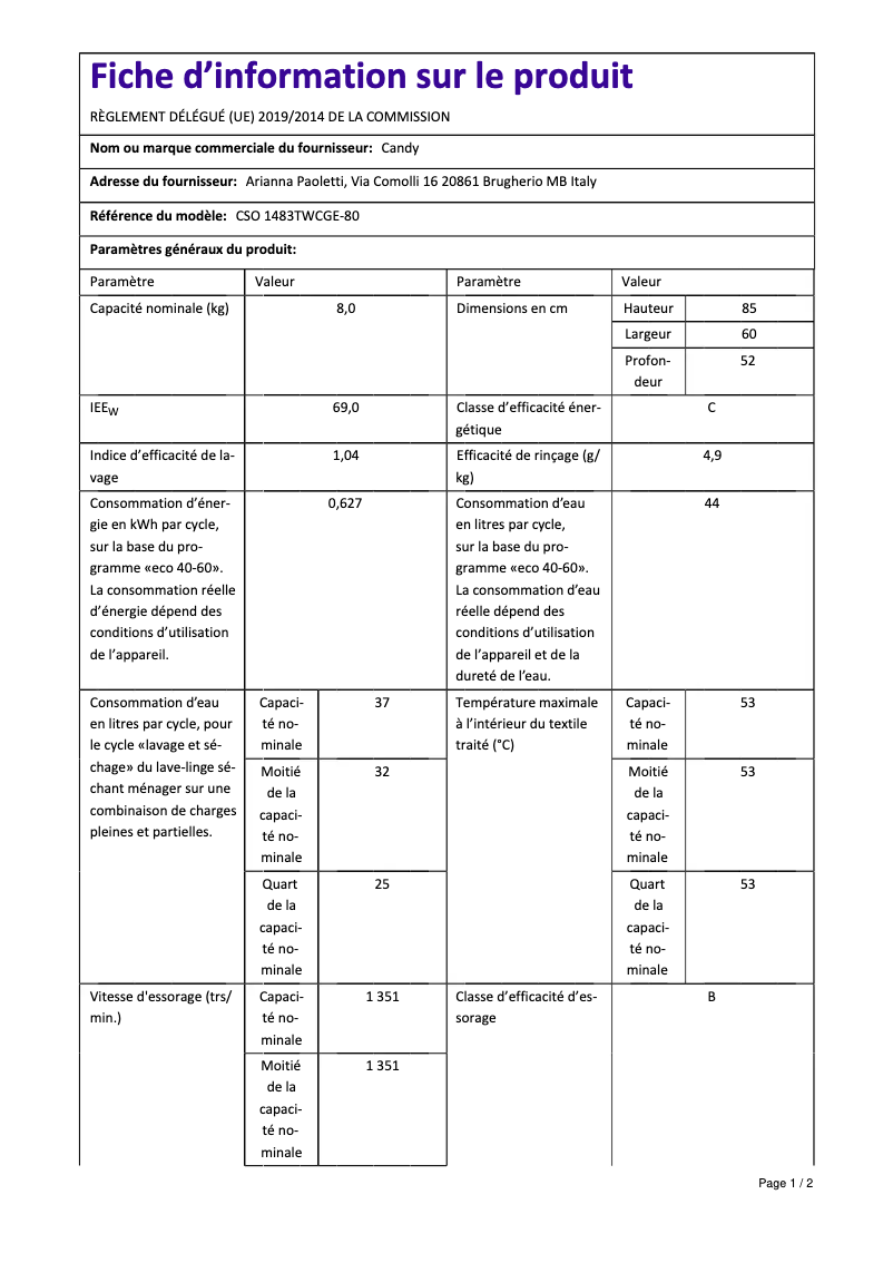 Page 1 de la notice Manuel utilisateur Candy CSO1483TWCGE-80