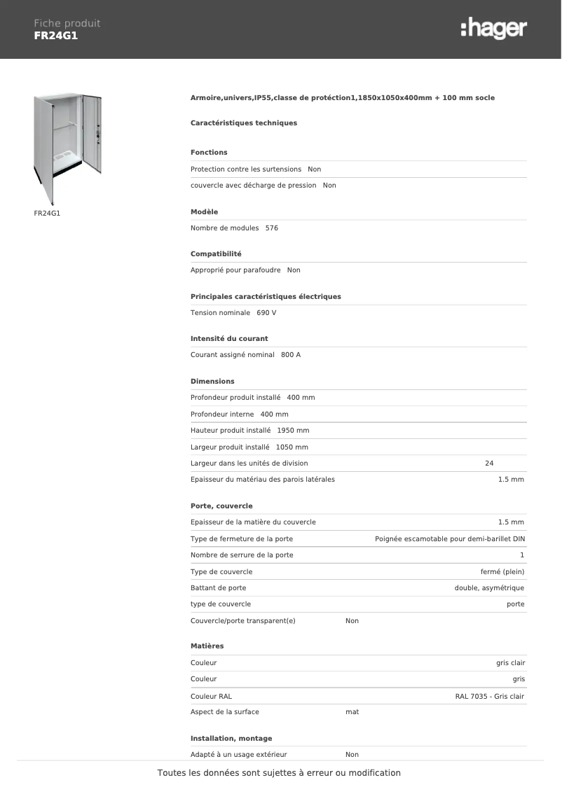 Page 1 de la notice Fiche technique Hager FR24G1