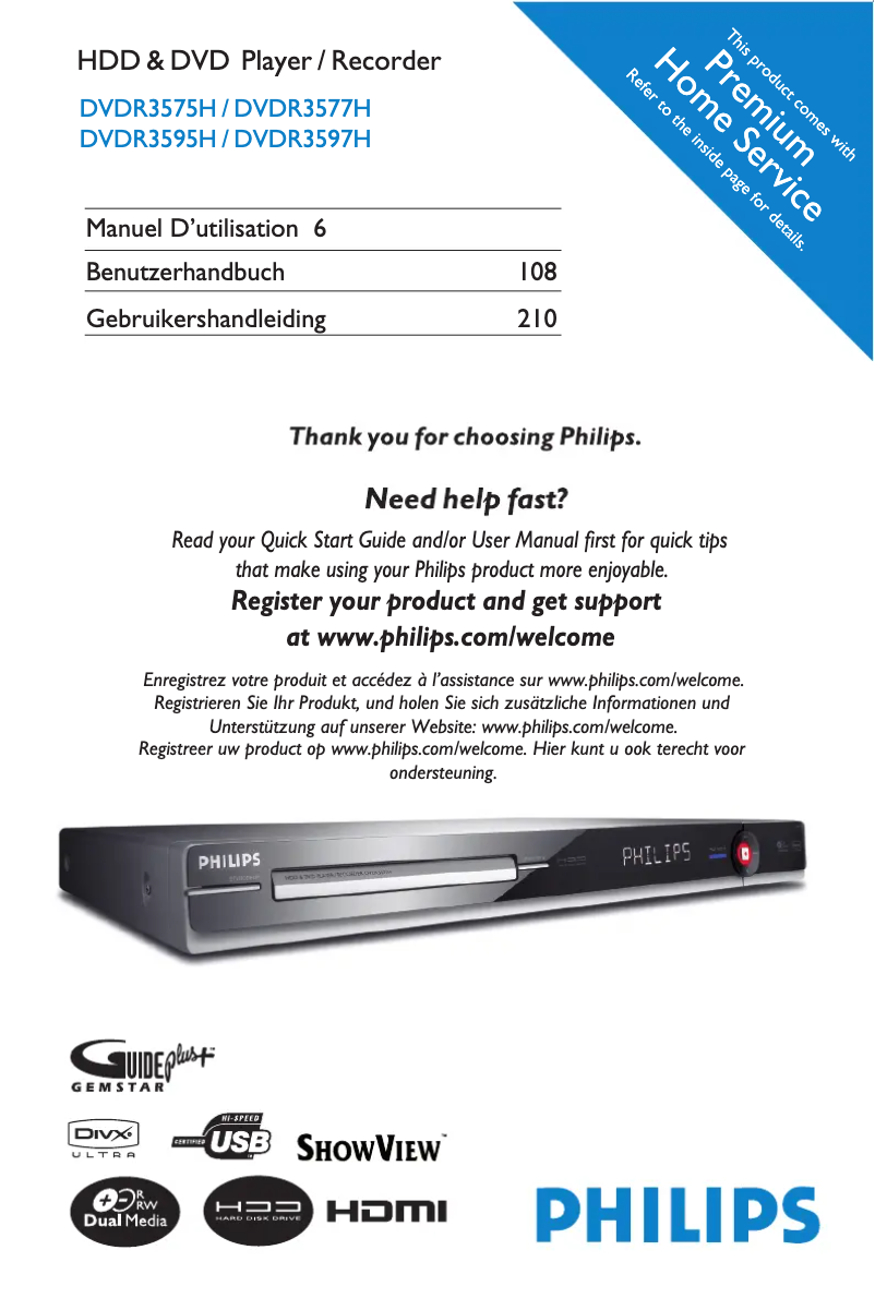 Page 1 de la notice Manuel utilisateur Philips DVDR3595H