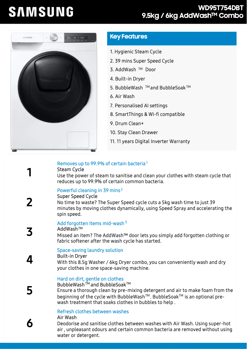 Page 1 de la notice Fiche technique Samsung WD95T754DBT