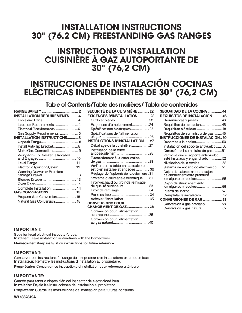 Page 1 de la notice Guide d'installation Whirlpool WFG525S0JB