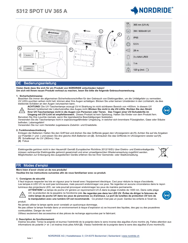 Page n°1 - Manuel utilisateur Nordride 5313 Spot UV 365 A Set