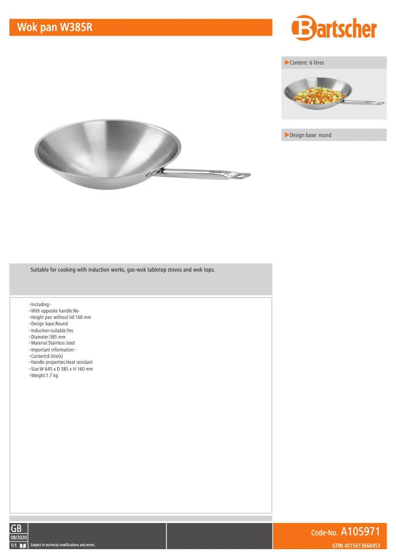 Página 1 del manual Ficha técnica Bartscher W385R