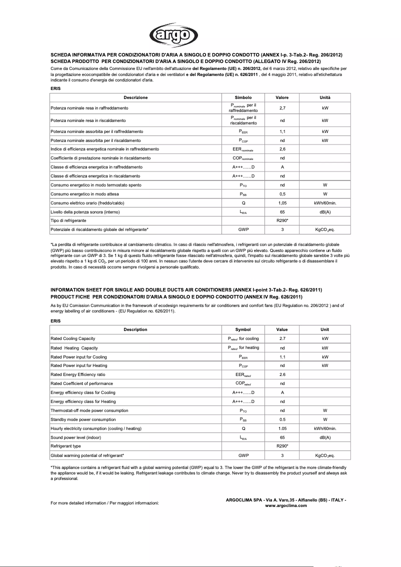 Page 1 de la notice Fiche technique Argoclima Eris
