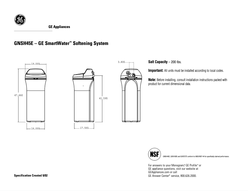 Page 1 of the manual Technical Sheet GE GNSH45E