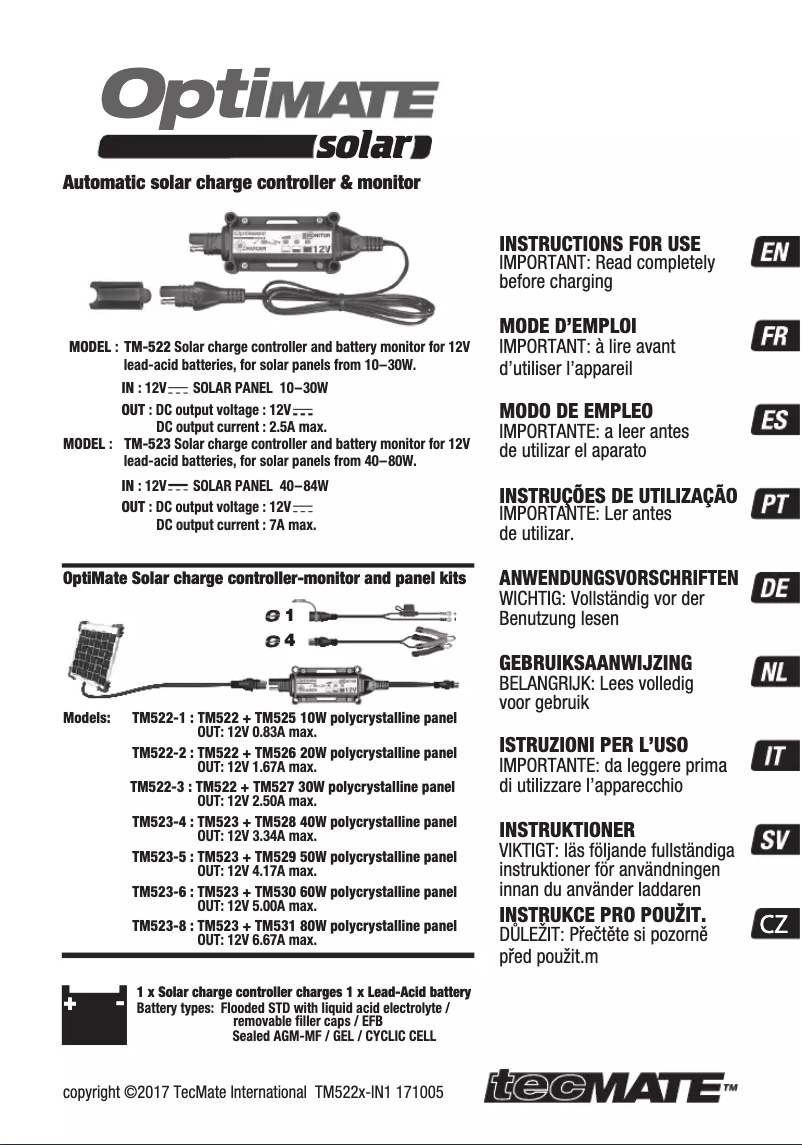 Page n°1 - Manuel utilisateur Tecmate Optimate Solar