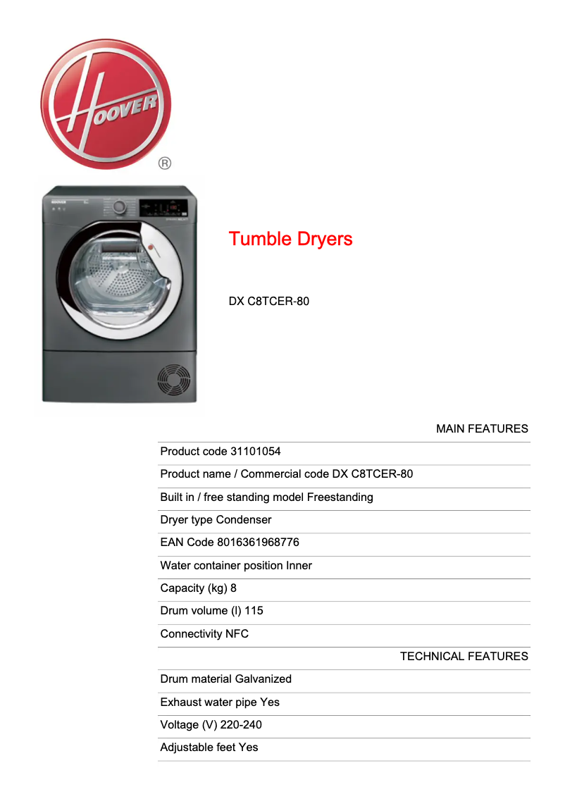 Page n°1 - Fiche technique Hoover DX C8TCER-80