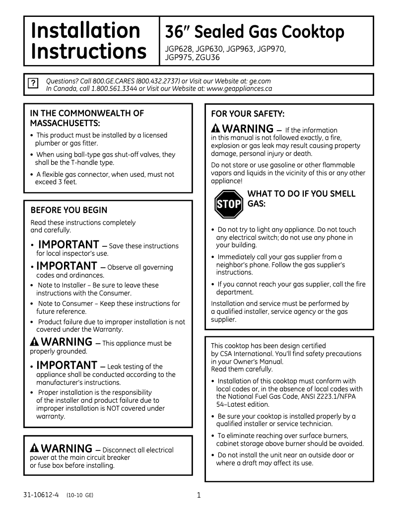 Page n°1 - Guide d'installation GE Profile JGP975SEKSS