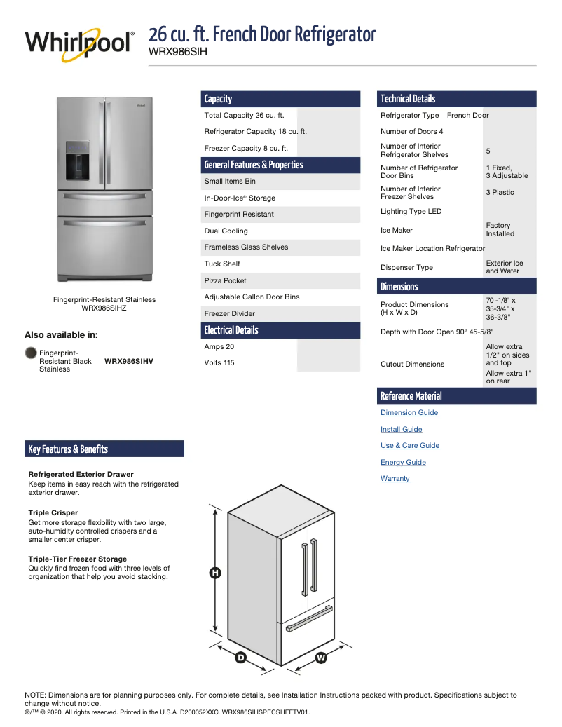 Page 1 de la notice Fiche technique Whirlpool WRX986SIHZ