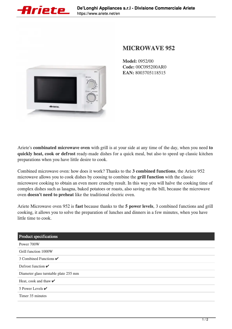 Page 1 de la notice Fiche technique Ariete 0952
