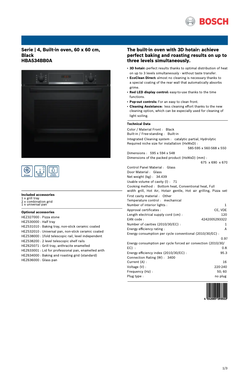 Page 1 de la notice Fiche technique Bosch Serie 4 HBA534BB0A