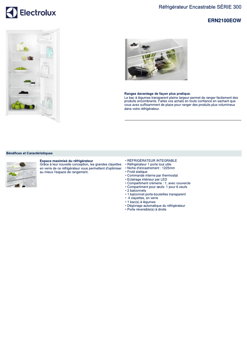Page 1 de la notice Fiche technique Electrolux ERN2100EOW