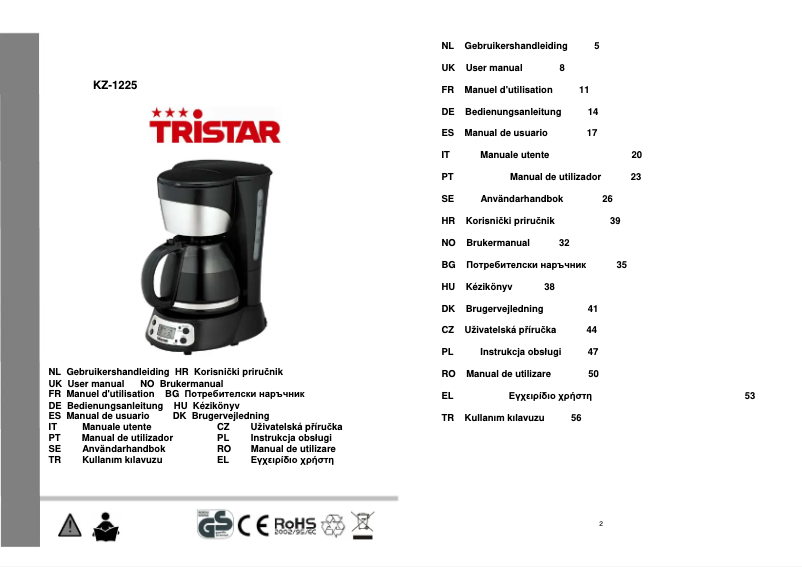 Page n°1 - Manuel utilisateur TriStar KZ-1225